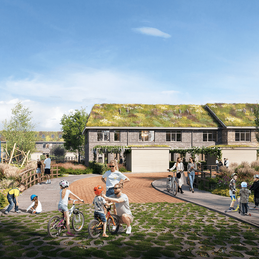 Mensen van alle leeftijden genieten van een gemeenschappelijke groene ruimte met fietspaden en gebouwen met groene daken.