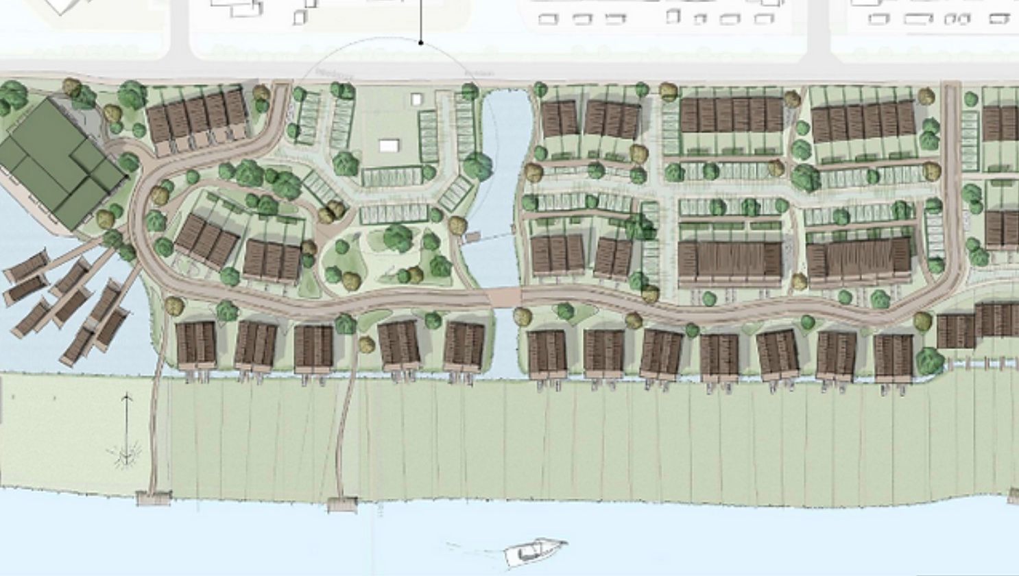 Luchtfoto van een woonwijk aan het water met huizen, wegen, bomen en dokken.