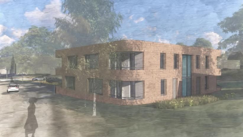 Bakstenen gebouw van twee verdiepingen met grote ramen, gelegen op een groen gazon met uitzicht op straat en een silhouet van een wandelende persoon.