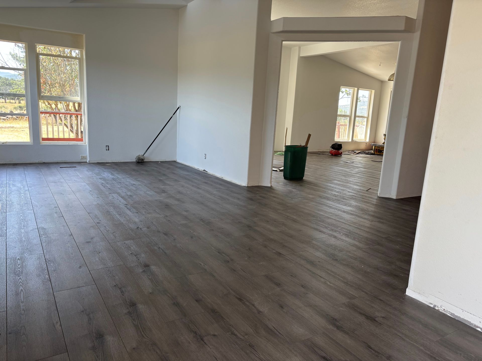 Spacious room with dark wood-look flooring, white walls, and windows. A doorway leads to another room.