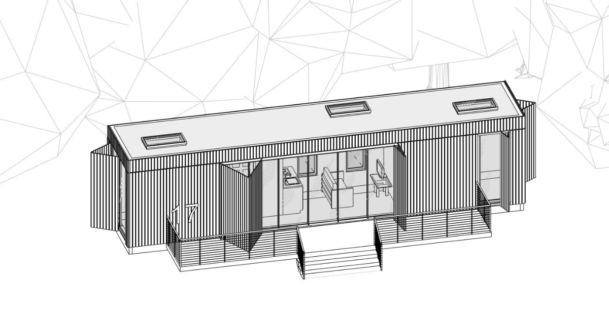 A black and white drawing of a building on a white background.