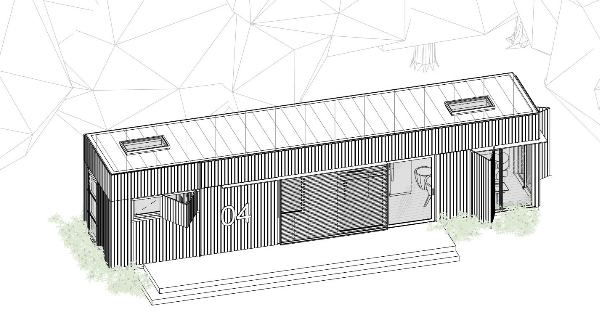 A black and white drawing of a building on a white background.