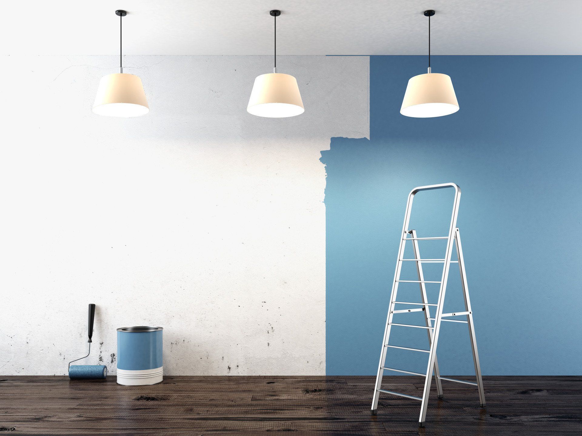 Room being painted: white wall, blue wall, ladder, paint can, roller.