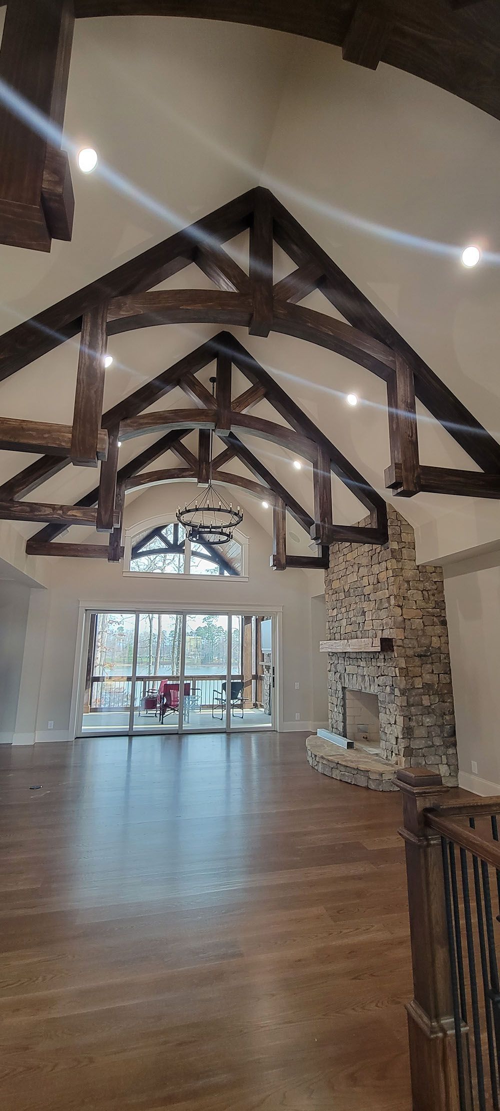 There is a fireplace in the middle of the room.