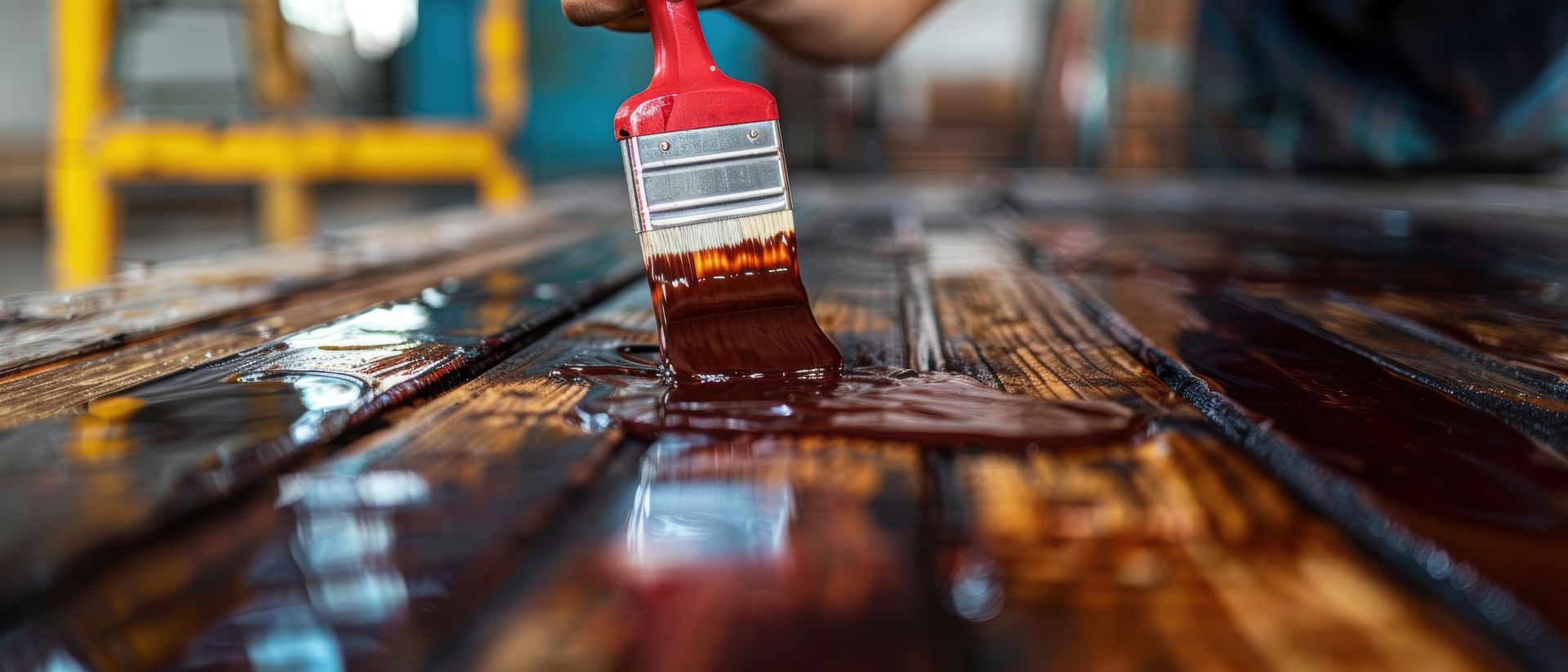 A person is painting a wooden table with a brush.