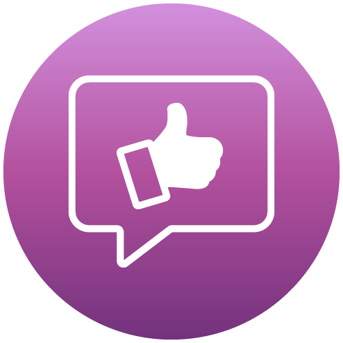 A purple circle with a speech bubble with a thumbs up in it.