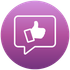 A purple circle with a speech bubble with a thumbs up in it.