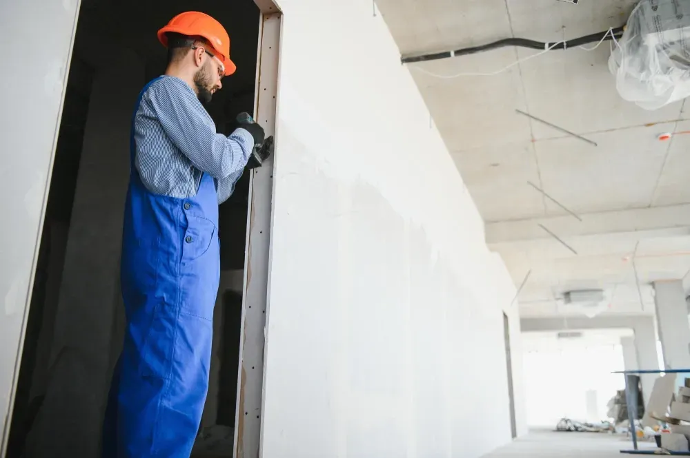 Construction worker in blue overalls and orange hard hat, working on a door frame in a building.