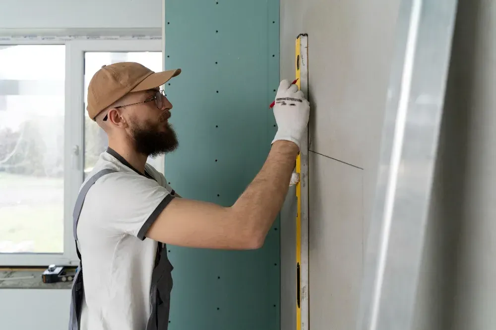 Construction worker with beard checks drywall using a level, indoors.