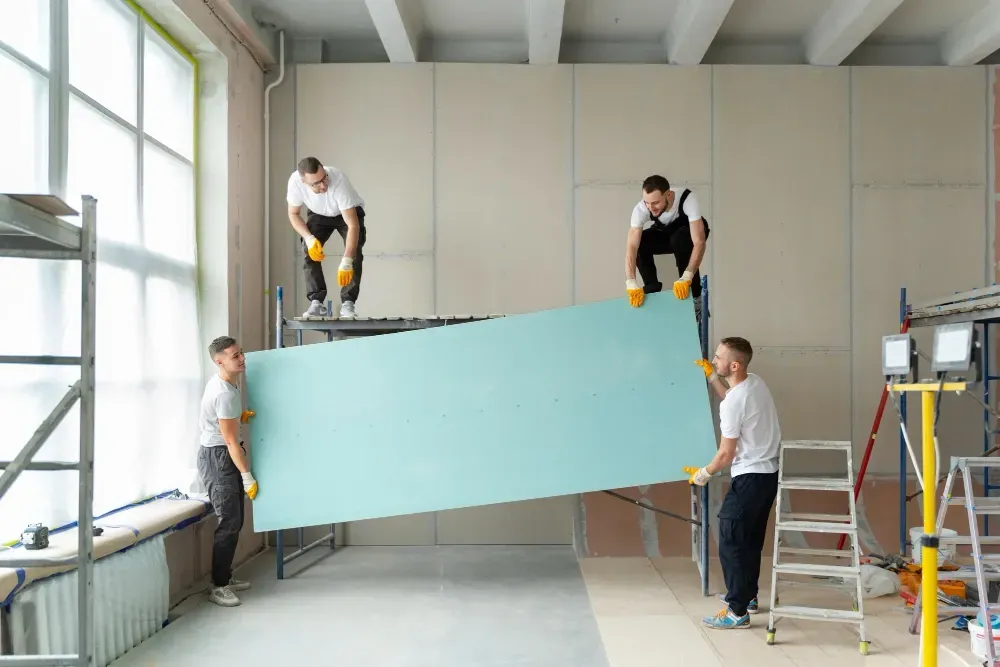 Four construction workers installing a large sheet of light blue drywall indoors.