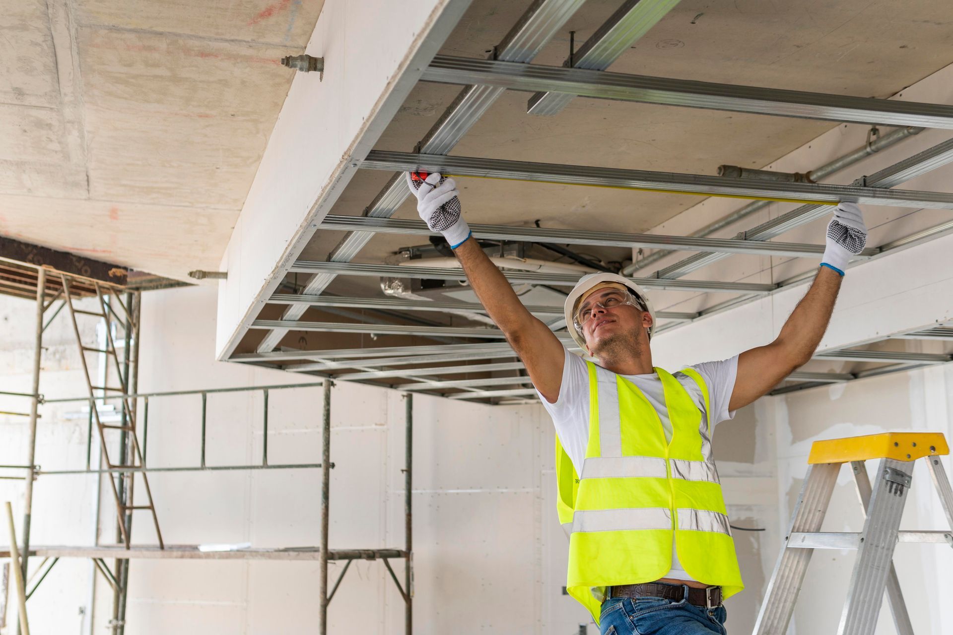 A man is installing a drywall ceiling in a room.