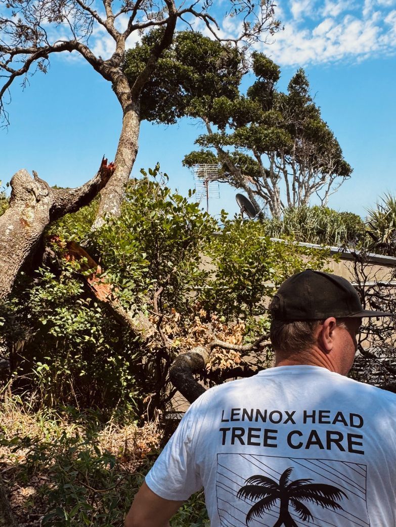 A man wearing a lennox head tree care t-shirt is standing in front of a tree — Lennox Head Tree Care In Lennox Head, NSW