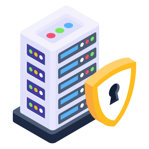 An isometric illustration of a server with a shield and a keyhole.