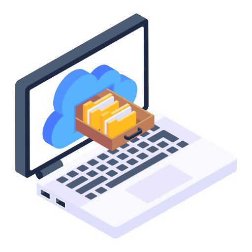 An isometric illustration of a laptop with a box of files and a cloud on the screen.