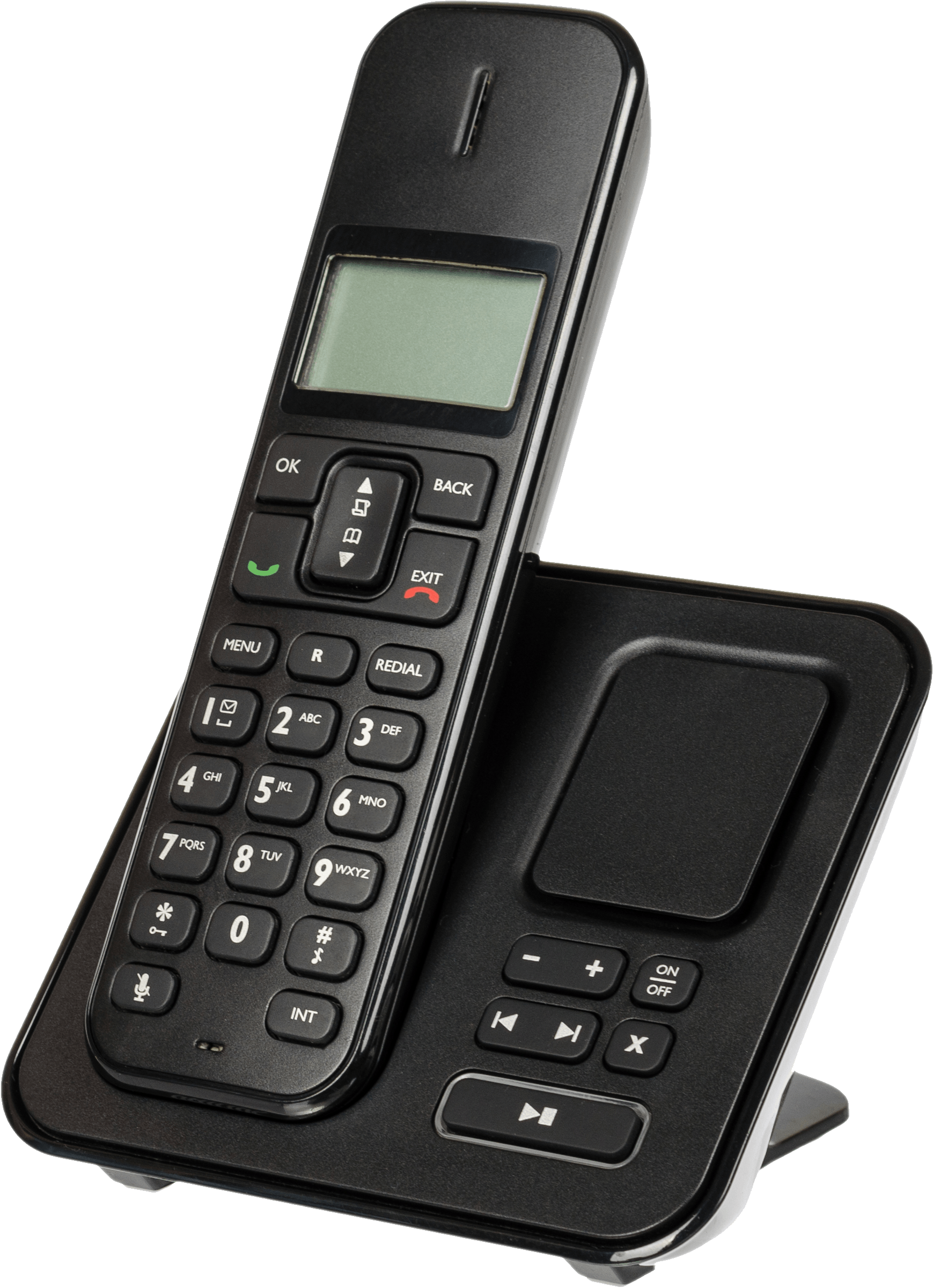 A black cordless phone with a display on it