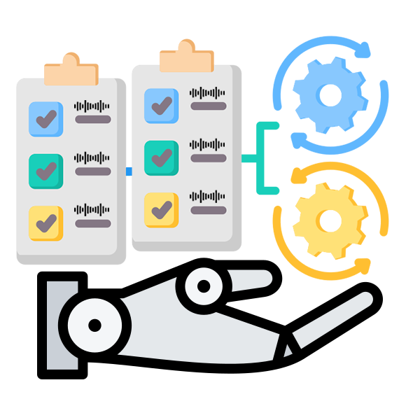 A robotic hand is holding a clipboard with check marks and gears.