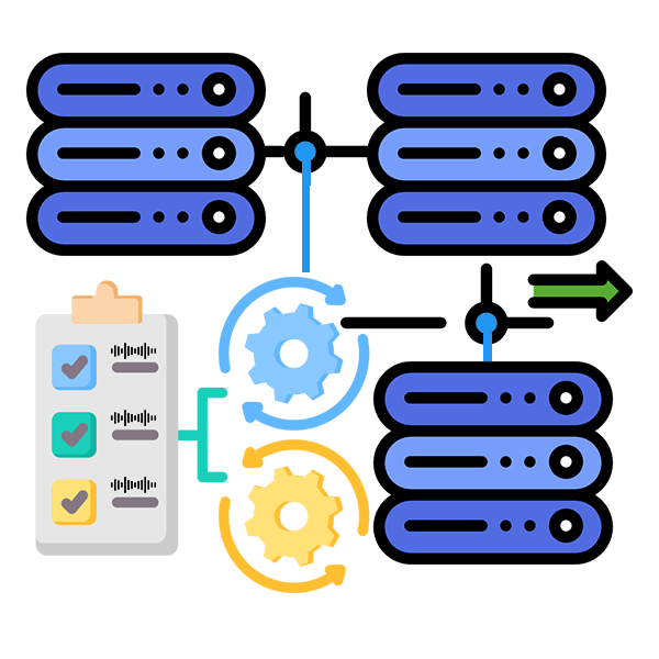 A cartoon illustration of a server , a clipboard , and gears.