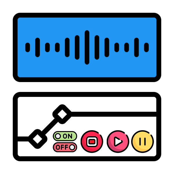 A blue and white icon with a sound wave and buttons.