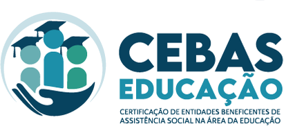 Logo with figures in graduation caps, hand, and text