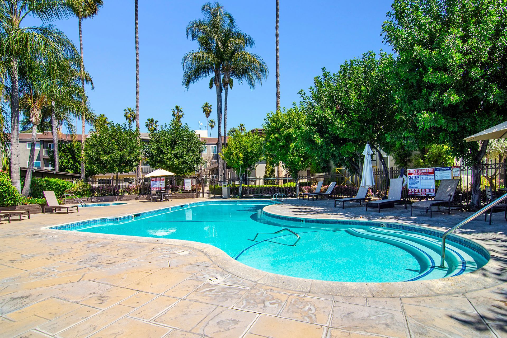 a large swimming pool surrounded by palm trees and chairs