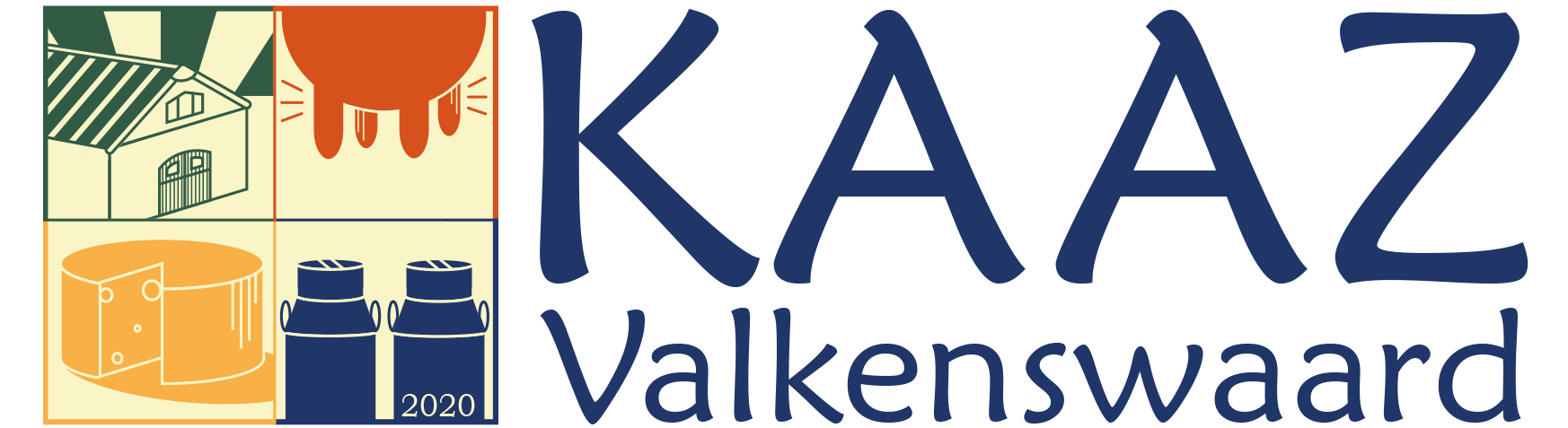 Logo voor KAAZ Valkenswaard: illustraties van een boerderij, een koeienuier, kaas, melkbussen; tekst in blauw.