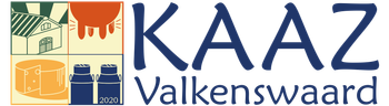 Logo voor KAAZ Valkenswaard: illustraties van een boerderij, een koeienuier, kaas, melkbussen; tekst in blauw.