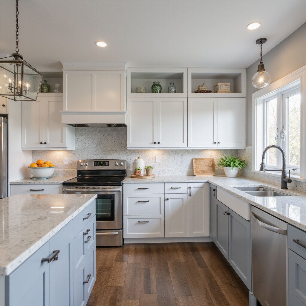 U-shaped kitchen with white upper cabinets, gray lower cabinets, and a gray island with granite countertops.