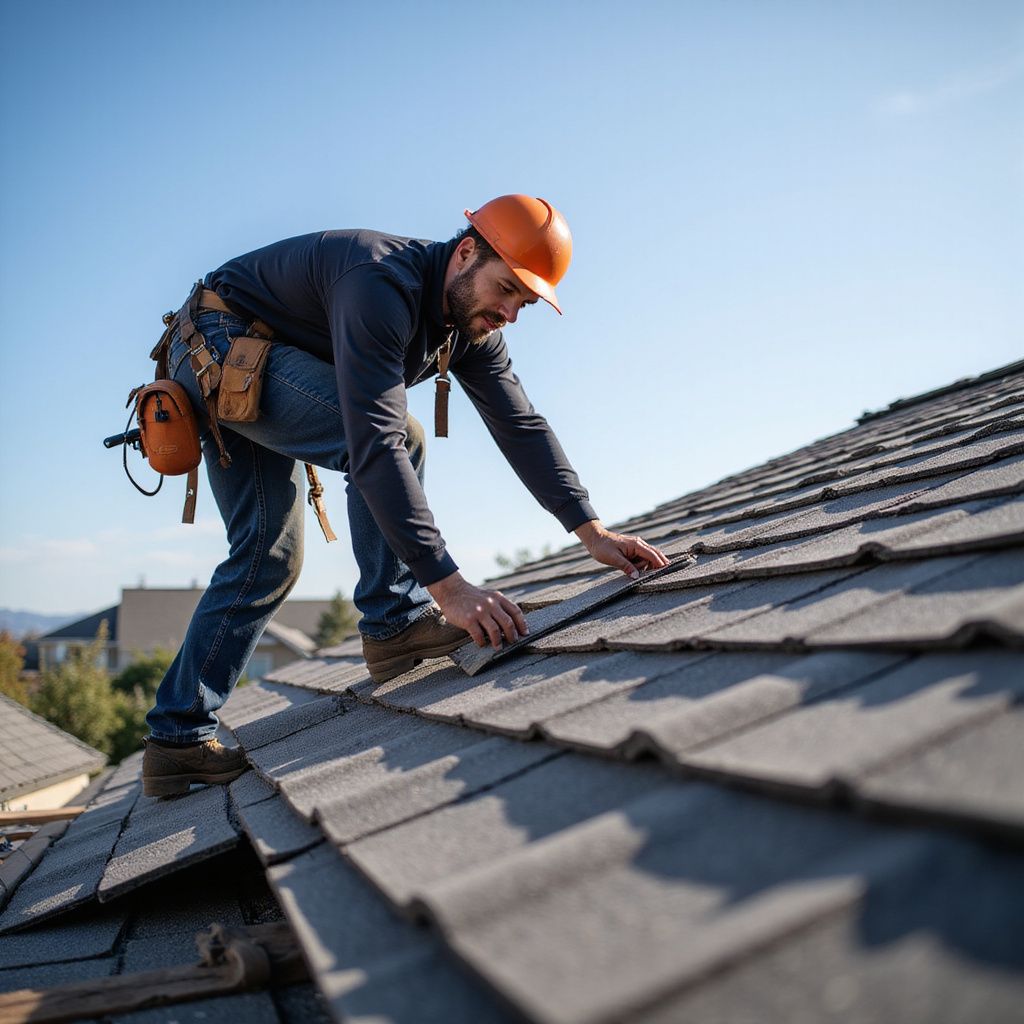 Roofer wearing an orange hardhat, inspecting dark gray roof shingles on a sunny day.