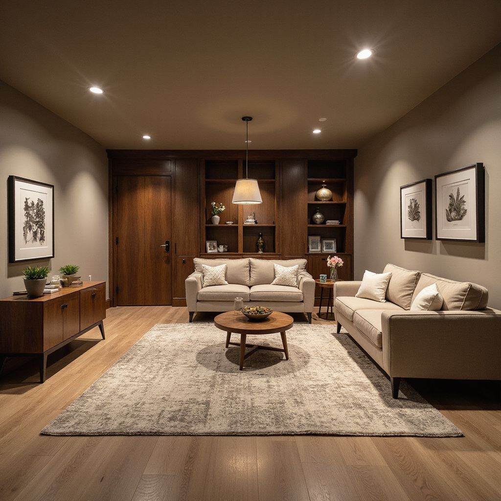 Cozy living room with beige sofas, wooden built-ins, and a rug on hardwood floors.