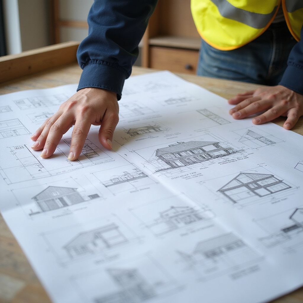 Person examining architectural blueprints, wearing a safety vest, indoors on a wooden table.