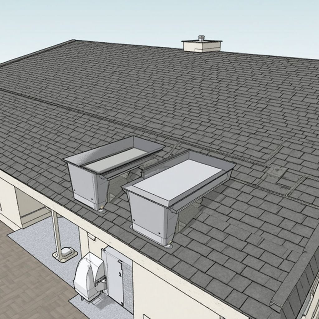 Two metal skylights on a dark gray shingle roof. A white building and a chimney are visible.