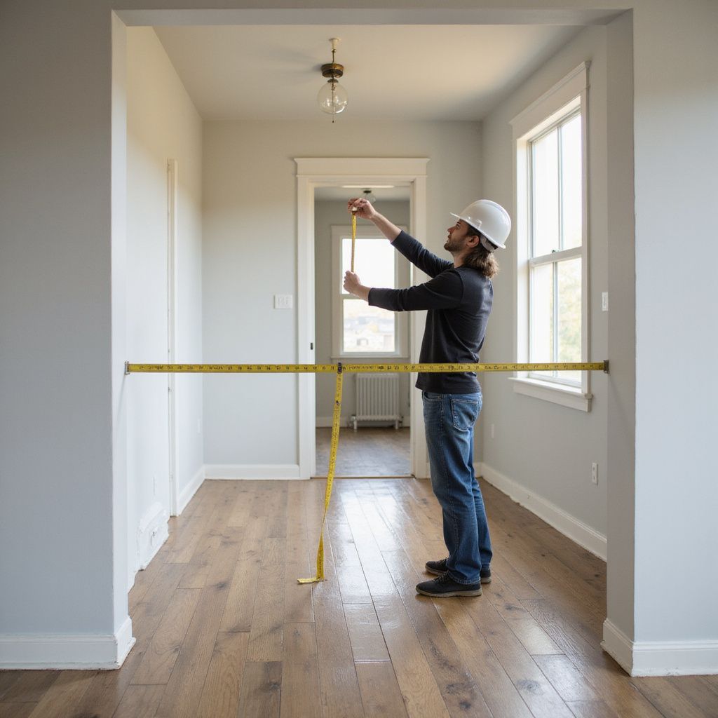 Man in hard hat measuring a room with a measuring tape.