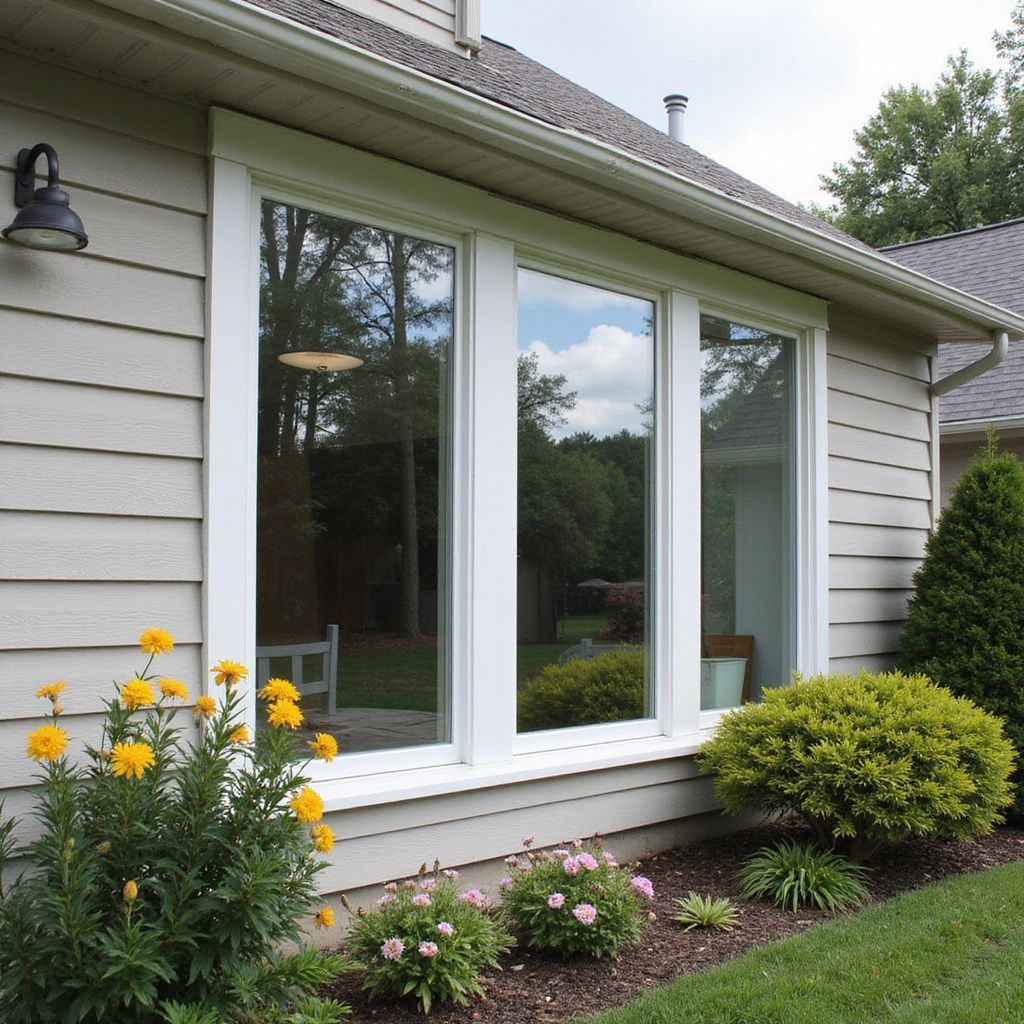 Exterior view of house with three white-framed windows, surrounded by landscaping, under a gray roof.