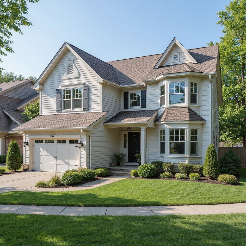 Two-story beige house with bay window, black shutters, and attached garage; green lawn.