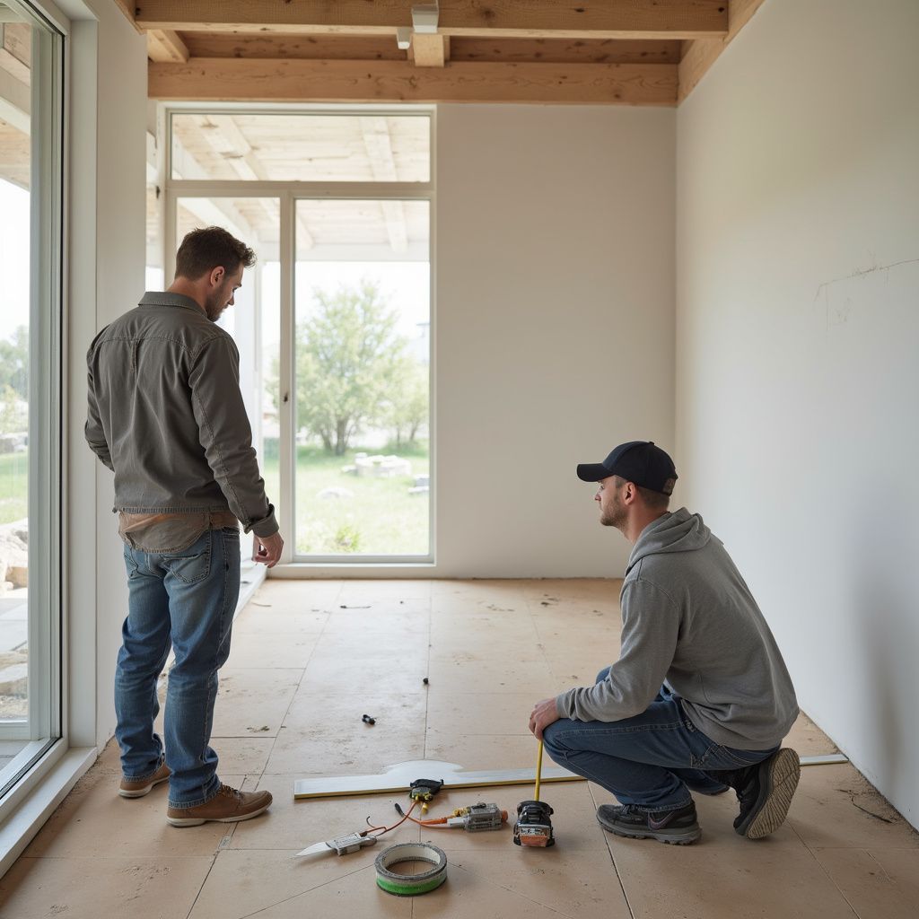 Two people inside a room, one standing and one squatting, inspecting the floor during construction.