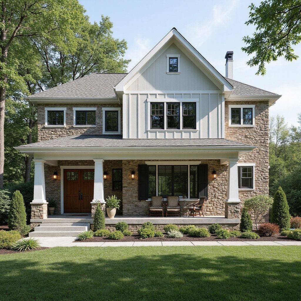 Two-story home with stone and white siding, front porch, and manicured lawn.