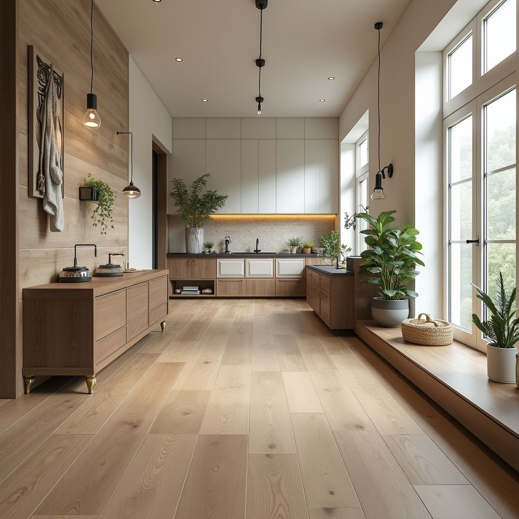 Wooden-floored kitchen with cabinets, plants, and large windows. Warm lighting.