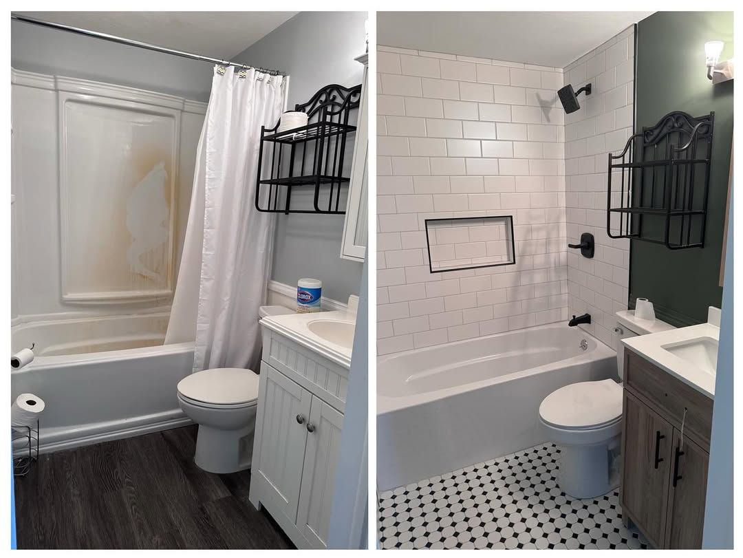 Bathroom before and after renovation: old tub/shower with stained walls transformed to tiled shower, updated fixtures.
