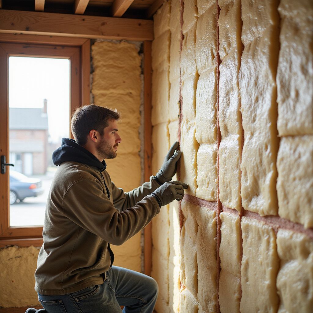 Man installs insulation on a wooden wall inside a building, near a window. He wears gloves and a hooded sweatshirt.