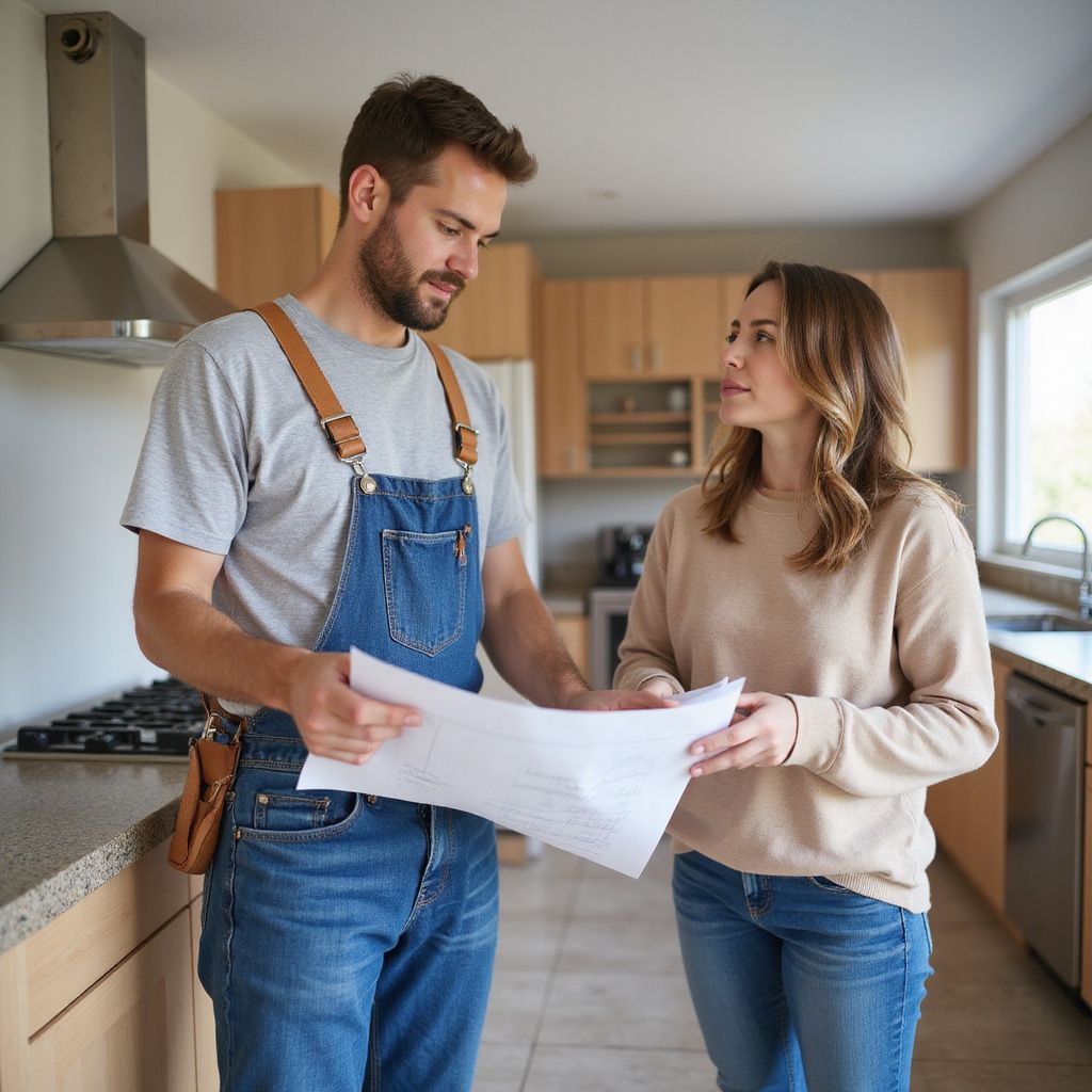 A man in overalls and a woman discuss blueprints in a kitchen.