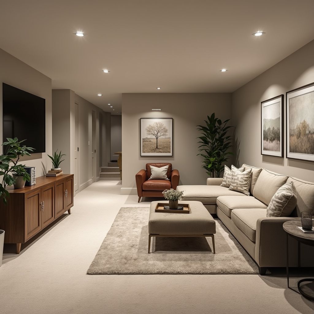 Cozy living room with beige sofa, brown cabinet, and art. Neutral tones, carpeted floor, recessed lighting.