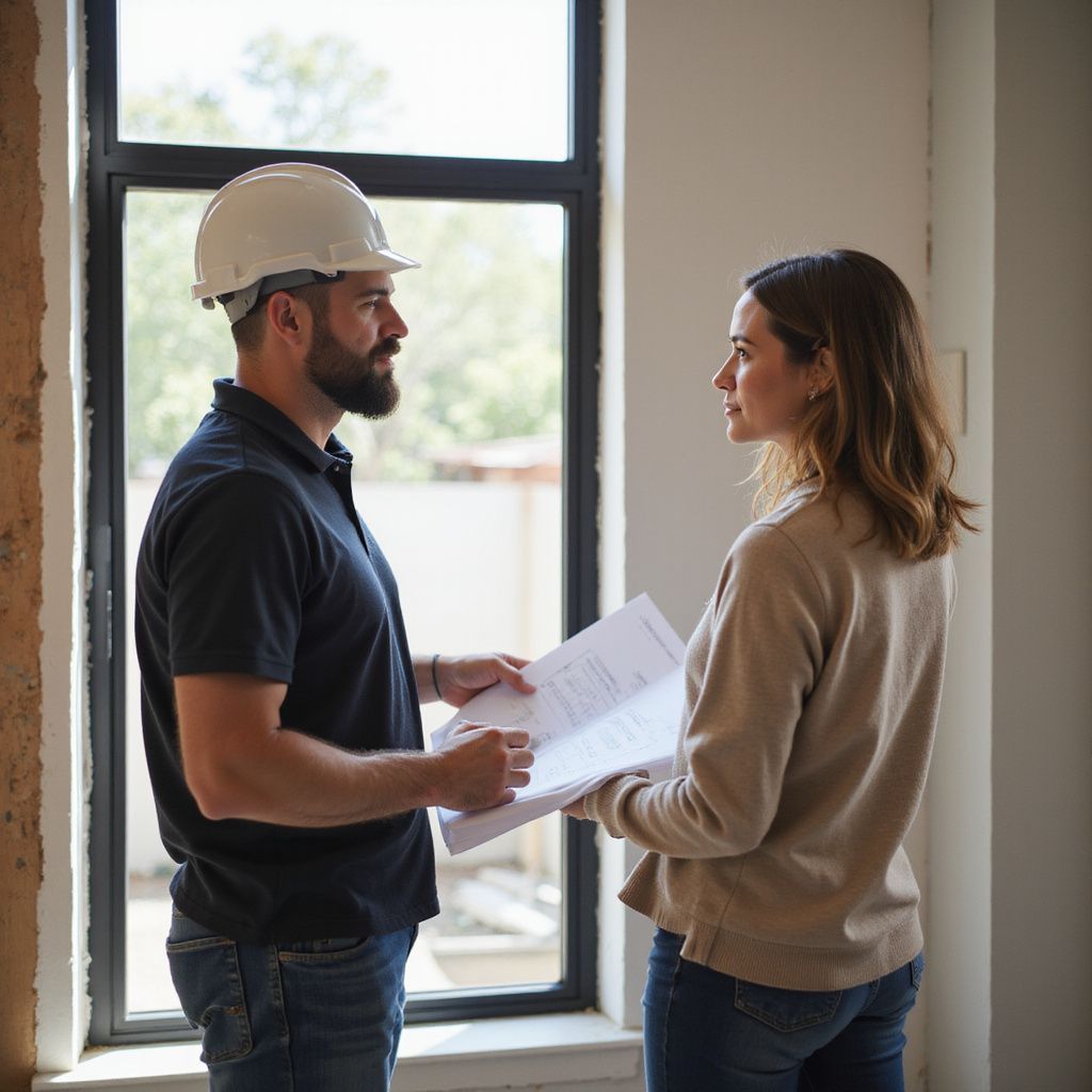 Man in hard hat and woman looking at blueprints by a window.