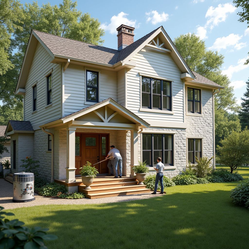 Two-story house with stone and siding. People on porch, landscaping, and a sunny day.