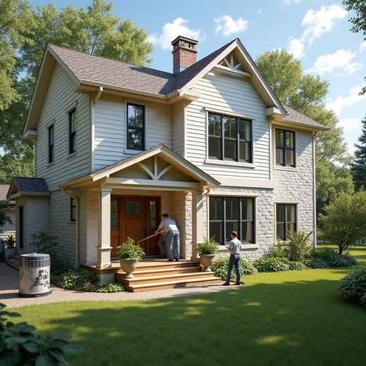 Two-story house with stone and siding. People on porch, landscaping, and a sunny day.