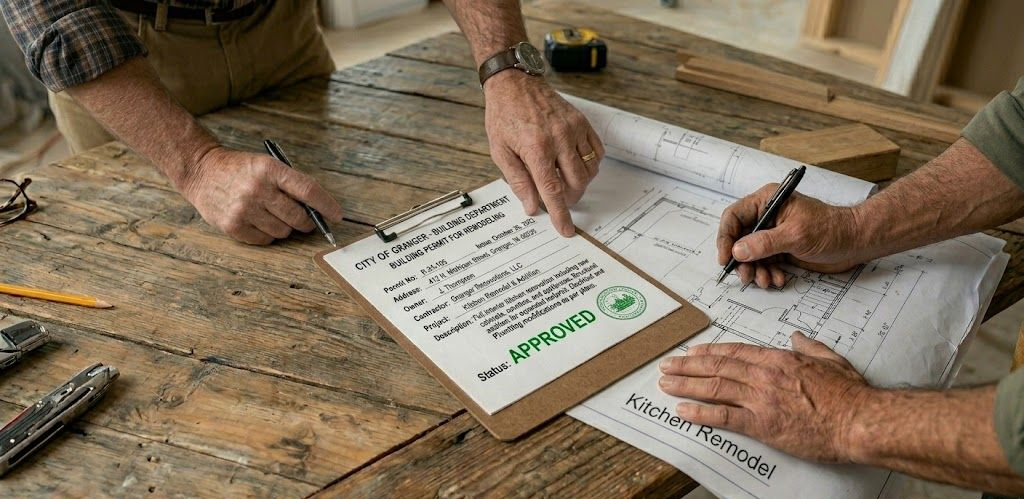 Two professionals in work clothes review blueprints on a large wooden table inside a house under construction.