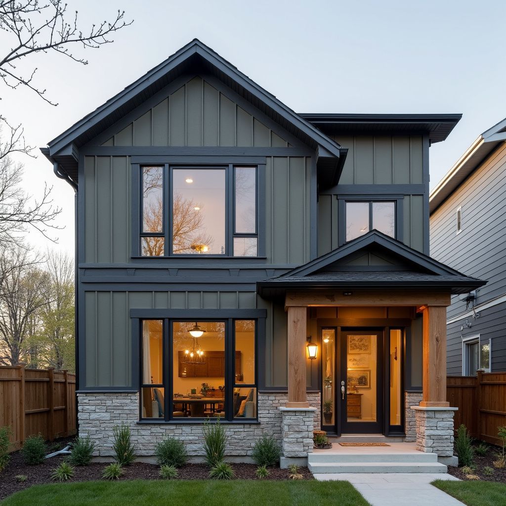 Modern two-story house with dark green siding, stone accents, and wooden porch columns.