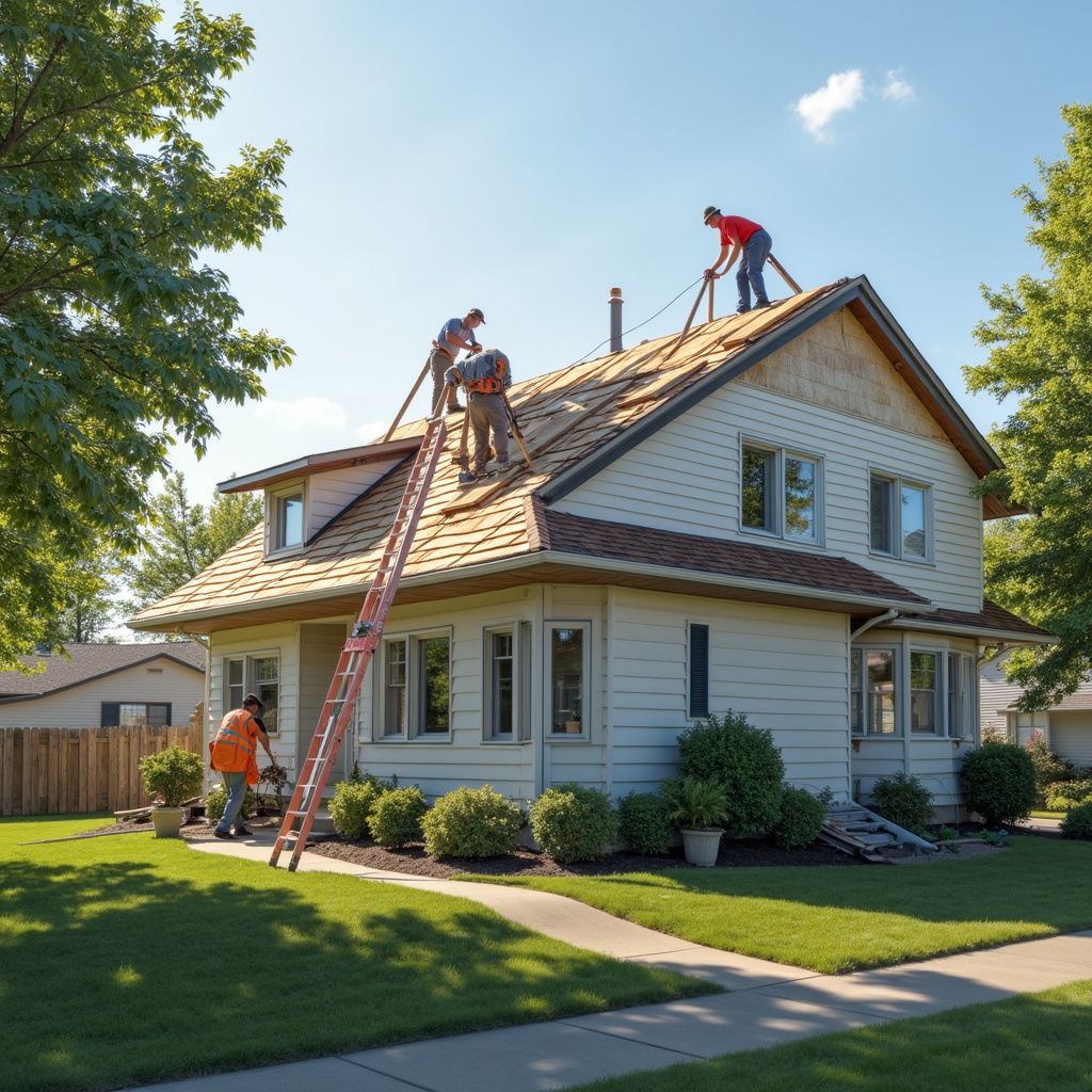 Workers replacing roof on a two-story house; sunny day.