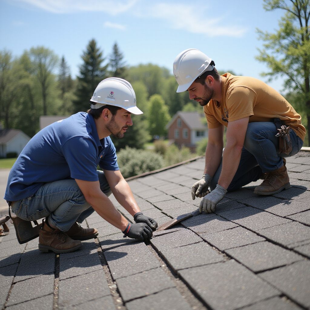 Two workers on a rooftop installing shingles, wearing hard hats and gloves, with a residential background.