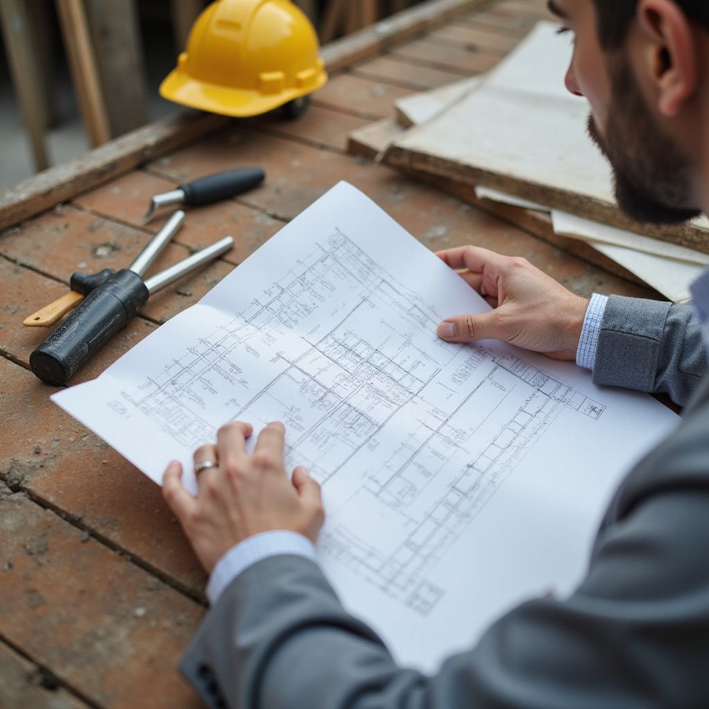 Person in suit studying blueprints at a construction site table with a yellow hard hat.