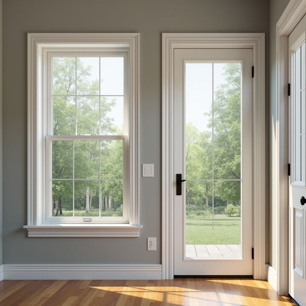 Window and door with white trim on a light gray wall, showing a view of a lush green landscape.